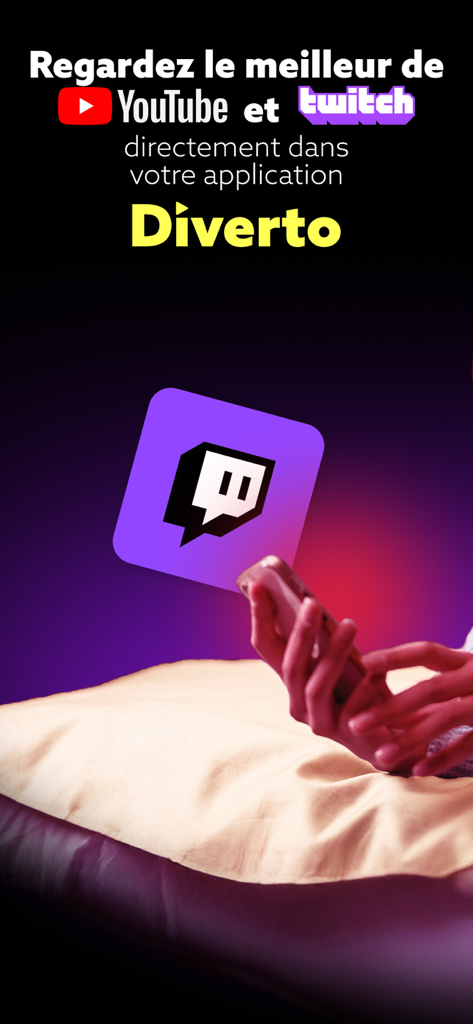 Diverto Programme TV Streaming - Écran de l'application Diverto montrant l'intégration YouTube et Twitch pour la découverte de contenu mobile
