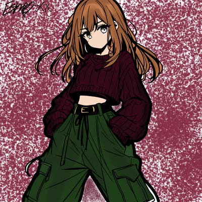 anime teen girl with baggy pants and crop top with sweater