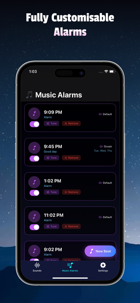 Interfaz de la aplicación Music Bar que muestra una lista de alarmas musicales personalizables con un elegante diseño oscuro.