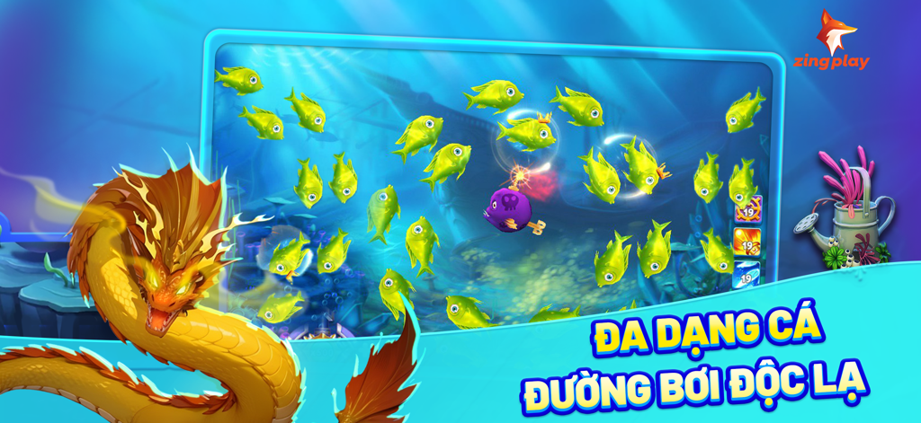 Jugabilidad de ZingPlay Ca Beo mostrando peces coloridos y un dragón dorado bajo el agua