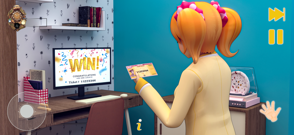 Anime High School Girl 3D Life - Una personaje de chica de anime sosteniendo un boleto de lotería ganador frente a una pantalla de computadora que muestra un mensaje de felicitación.