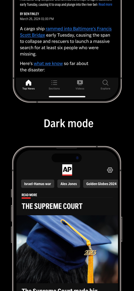 AP News mobile app interface showing current news articles in dark mode