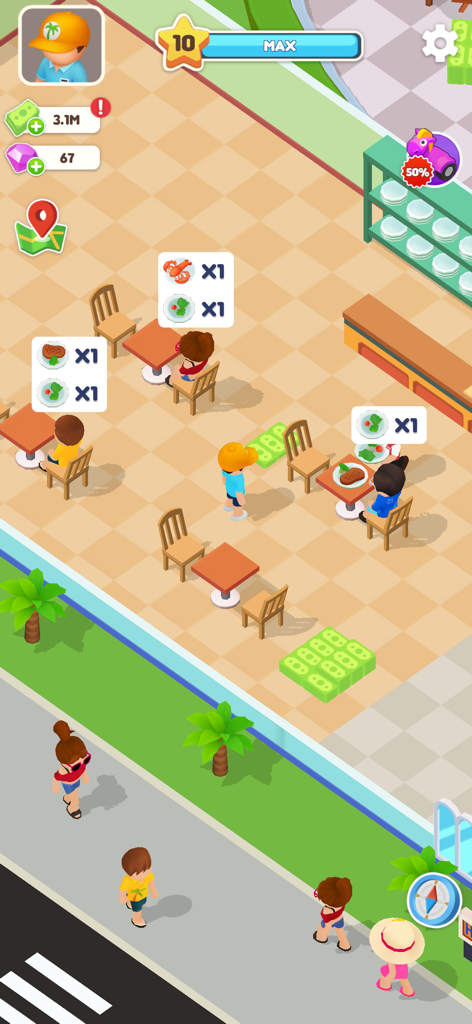 Vista dall'alto di un ristorante dell'hotel dove gli ospiti cenano e ordinano cibo in un gioco tycoon.