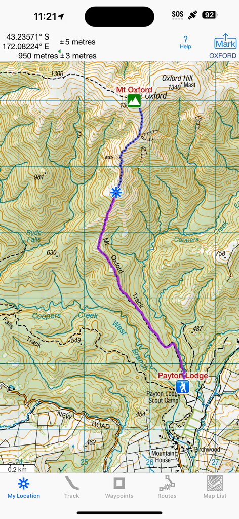 iHikeGPS NZ : LINZ Topo Maps - Um mapa topográfico detalhado da Nova Zelândia mostrando uma rota de caminhada perto do Mt Oxford