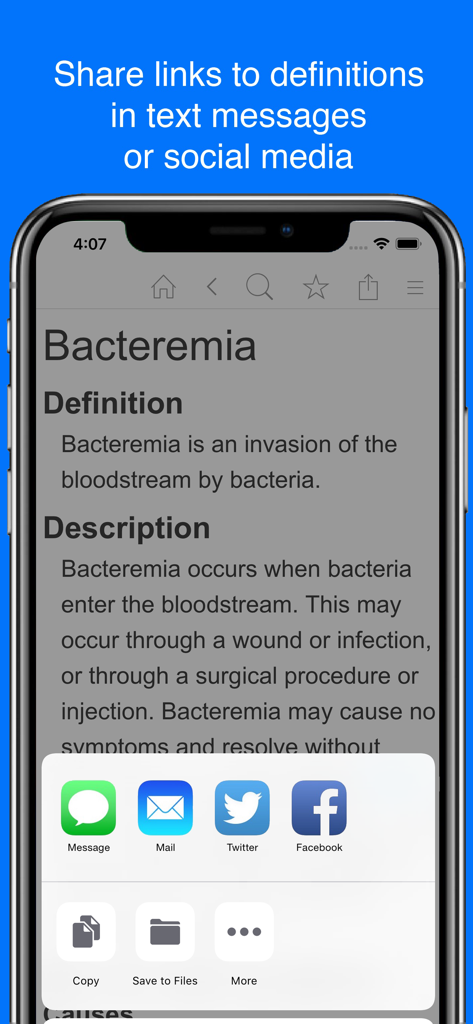 Medical Dictionary by Farlex - A medical definition for bacteremia on an iPhone with a share menu open for social media and messages