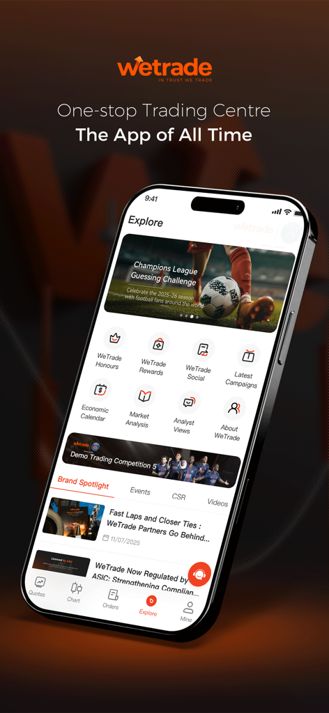 WeTrade-Global Online Trading - Explore screen of the WeTrade global online trading app featuring market analysis and trading tools