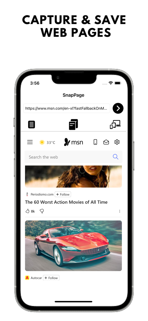 Interface do aplicativo móvel SnapPage em uma tela de iPhone mostrando recursos para capturar e salvar páginas da web