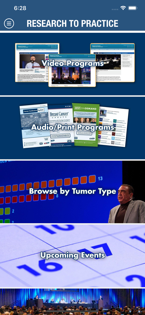 Oberfläche der Research To Practice App, die Abschnitte für Videoprogramme, Audio-Ressourcen und die Durchsicht von Tumortypen für die onkologische Ausbildung anzeigt.