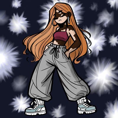 girl in baggy pants crop top and long hair