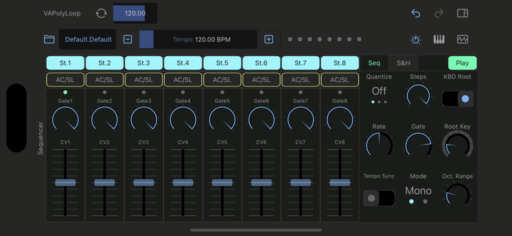 VAPolyLoop - Interfaz del secuenciador por pasos de estilo analógico de VAPolyLoop que muestra ocho pasos con ajustes de puerta y voltaje de control