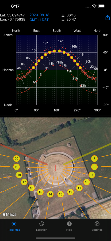 Sun Focus - Sun Focus app interface showing an interactive solar path chart and a satellite map with sun direction markers
