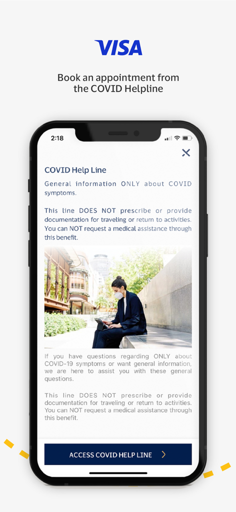 Visa Benefits - Visa Benefits app interface showing the COVID Help Line information screen with symptom guidance