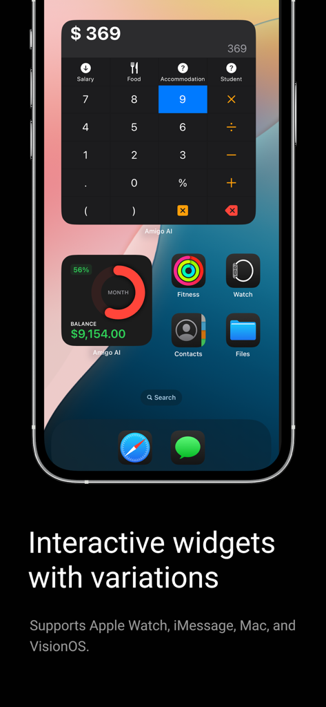 Amigo AI - Expense Tracker - Widget interattivi di Amigo AI expense tracker sulla schermata home di iPhone che mostrano un calcolatore e il saldo del budget mensile.
