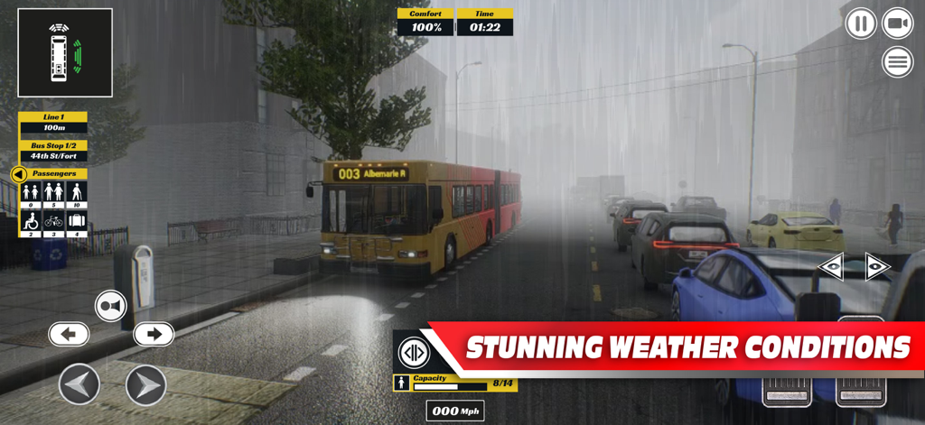 A yellow bus driving through heavy rain on a busy city street in Bus Simulator PRO 2026