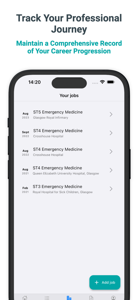 A mobile screen from the Logitbox app showing a list of medical job positions and professional career progression.