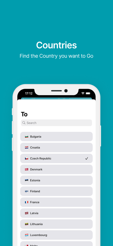 VisaTrack: Find Dates Fast - A mobile app interface from VisaTrack showing a searchable list of European countries for visa appointment tracking.