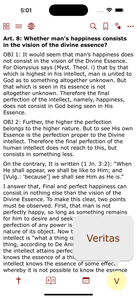 Una pagina della Summa Theologica di San Tommaso d'Aquino nell'interfaccia dell'app cattolica iPieta.