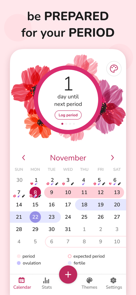 Dashboard principale dell'app per il monitoraggio del ciclo che mostra il conto alla rovescia del ciclo mestruale e il calendario mensile