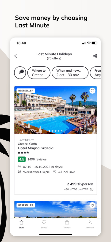 Mobile screen of Itaka travel app showing last minute vacation deals for Greece.