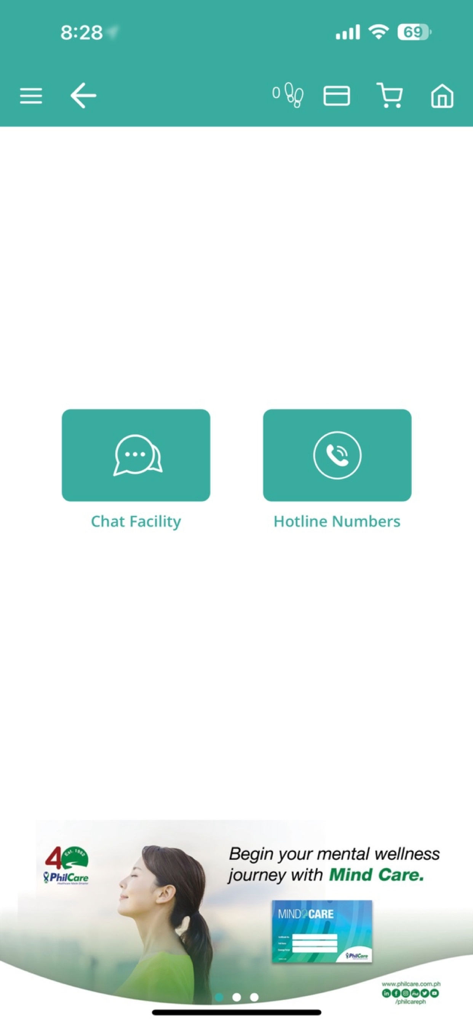 HeyPhil 2.0 app support screen with options for Chat Facility and Hotline Numbers