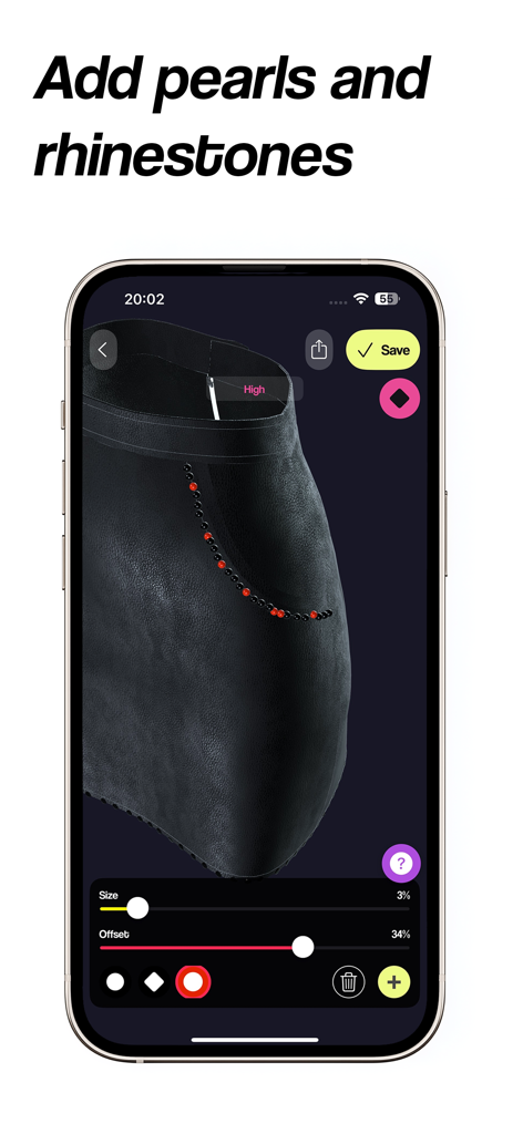 CBOs - Smartphone screen showing the CBOs app interface for adding custom rhinestones and pearls to a 3D leather garment