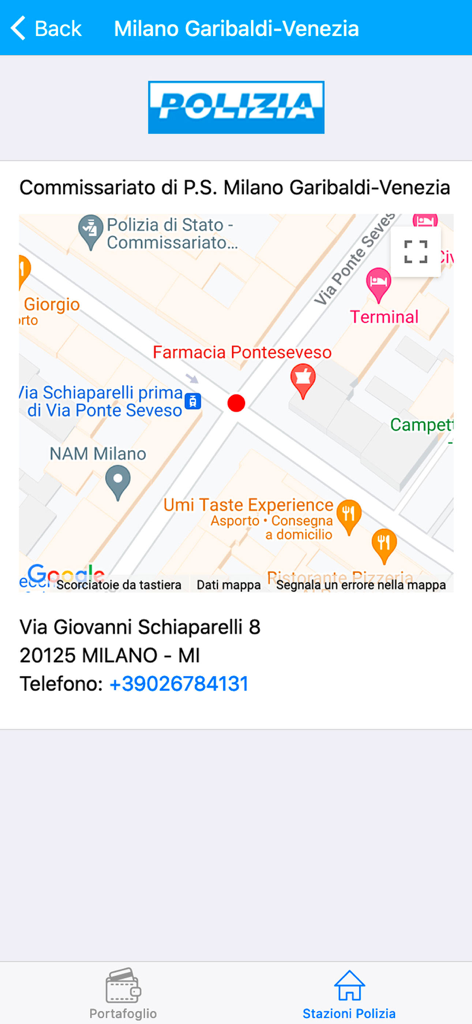 iSmarrito - Écran de l'application iSmarrito montrant la carte et les informations de contact d'un poste de police à Milan