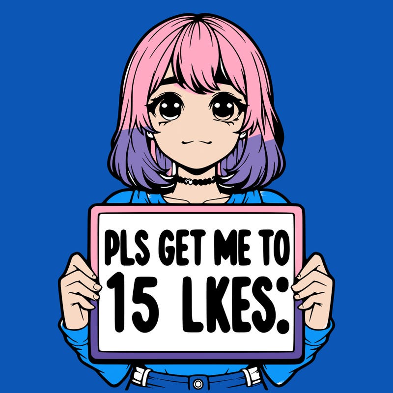 realistic girl holding up a sign that says “pls get me to 15 likes!”