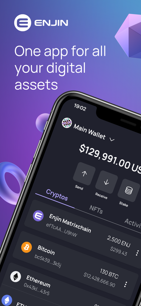 Enjin NFT Crypto Wallet mobile app interface showing a unified digital asset portfolio and balance