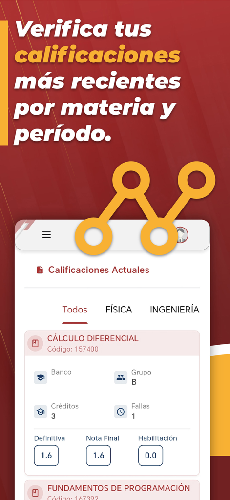 Mi Campus UP - Écran de l'application mobile Mi Campus UP montrant les notes académiques et les détails de l'assiduité de l'étudiant.