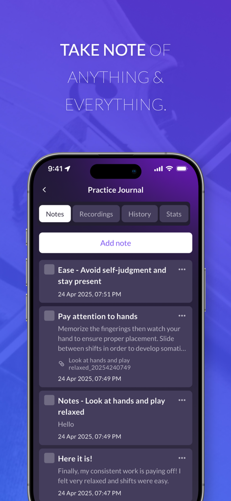 Modacity: Pro Music Practice - Modacity Practice Journal screen showing musician notes on technique and mindset