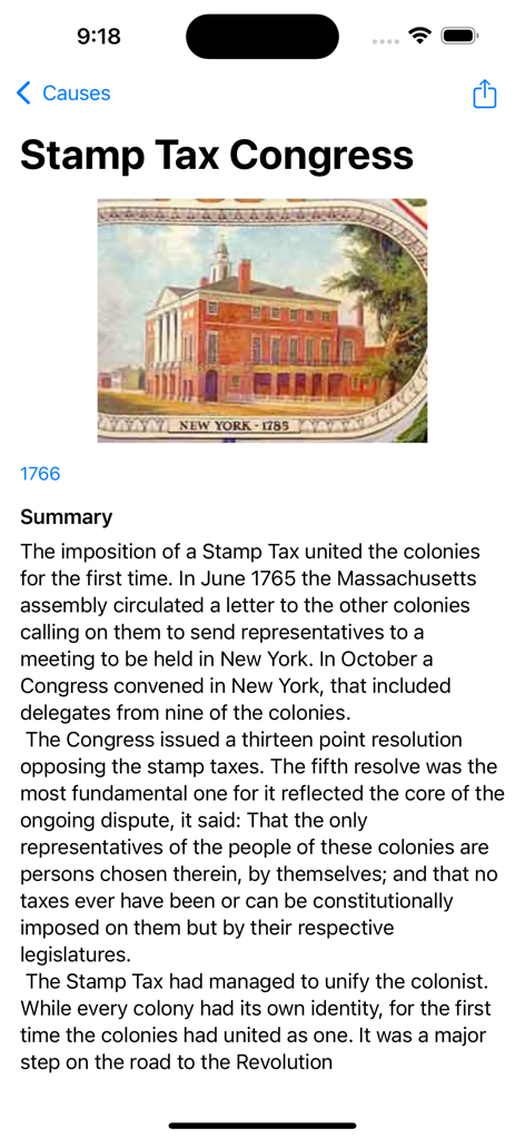 Revolutionary War - A page from the Revolutionary War app showing a summary and illustration of the Stamp Tax Congress in New York.