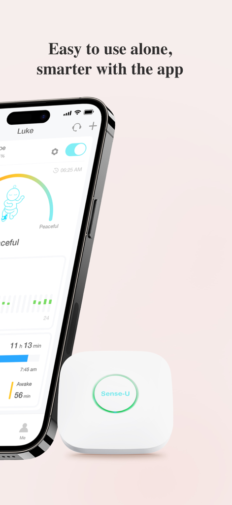 Sense-U Baby - Sense-U Baby app dashboard displayed on an iPhone next to the smart monitor device