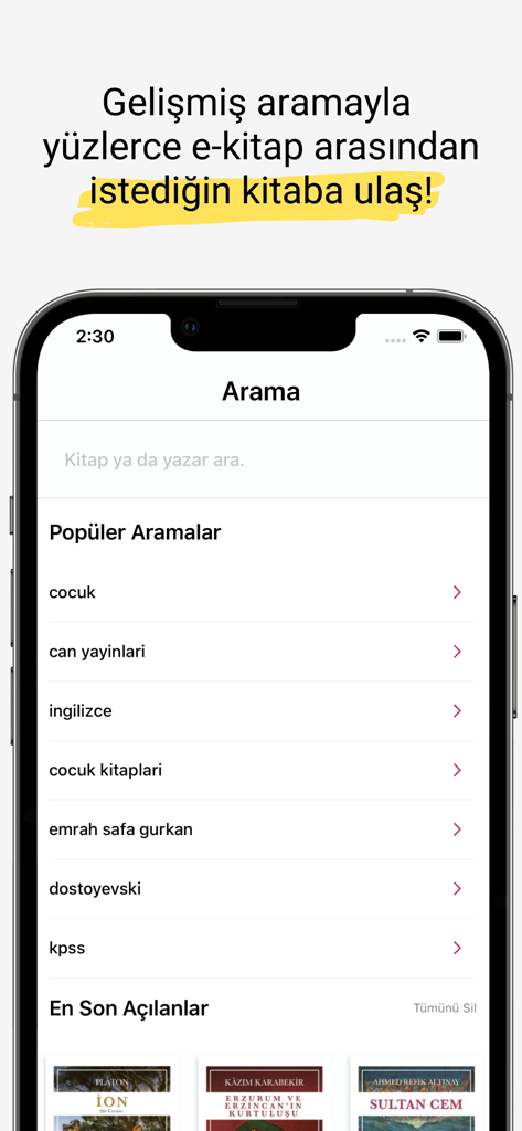 Search screen of the Kitapyurdu E-Kitap app displaying popular searches and recently opened Turkish books.