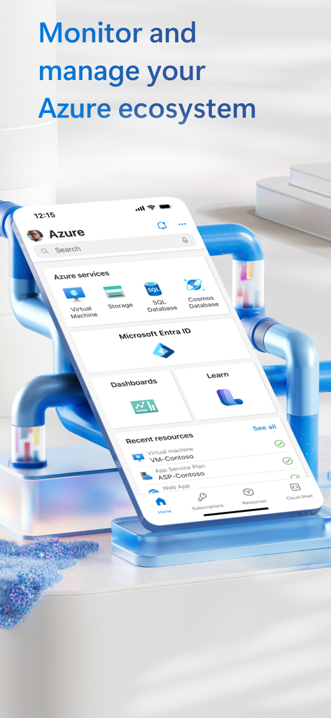 스마트폰에 클라우드 리소스 및 관리 도구를 표시하는 Microsoft Azure 모바일 앱 대시보드