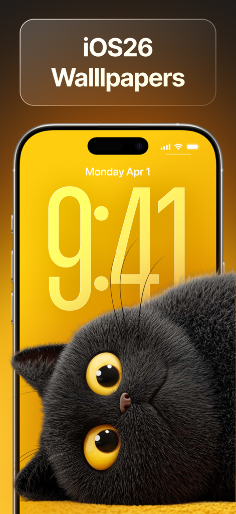 Un lindo gato negro peludo con grandes ojos amarillos en un vibrante fondo de pantalla amarillo para iPhone