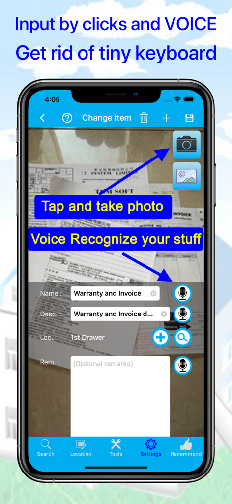 Interface of Wheres my stuff app featuring voice recognition and camera for quick inventory input
