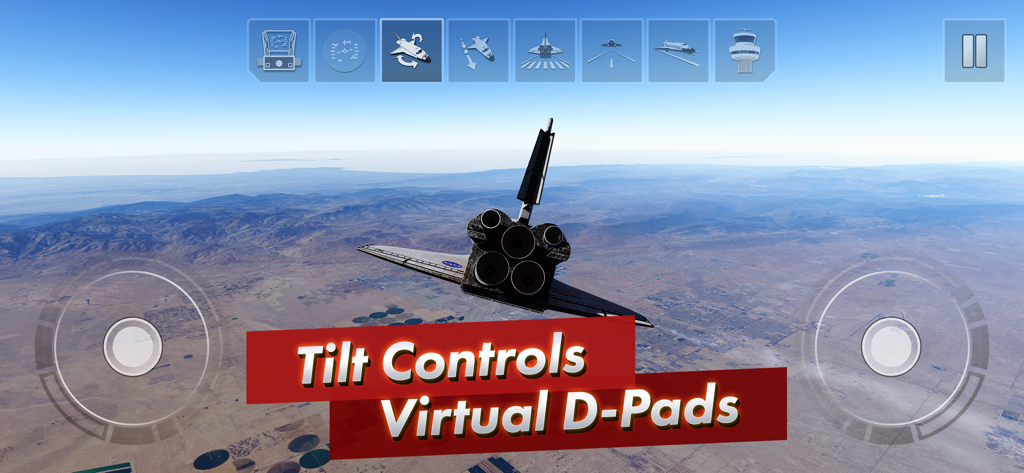 F-Sim|Space Shuttle 2 - Space Shuttle simulator gameplay showing tilt controls and virtual D-pads over a desert landscape