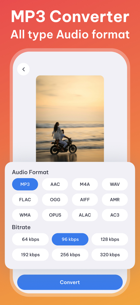 Video to MP3: Audio Converter - Interface of the Video to MP3 app displaying options to select audio formats like MP3 and AAC and adjust bitrate settings before conversion.