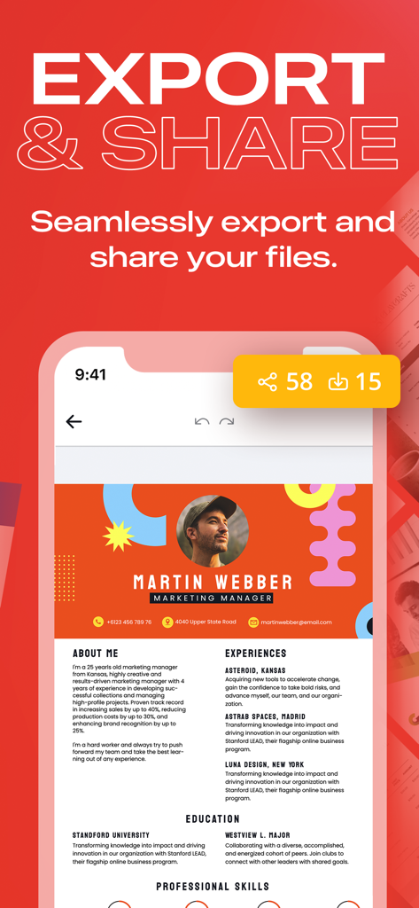 PDF Editorアプリでプロフェッショナルな履歴書のエクスポートおよび共有オプションを示すインターフェース