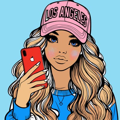 realistic beautiful girl wearing los ángeles cap holding an iphone