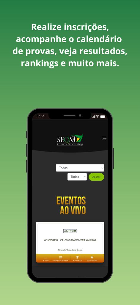 ABQM Oficial - ABQM Oficial app interface showing live equestrian events and results
