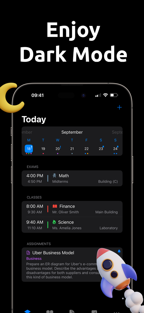 School Planner - Timetable - School Planner app interface showing daily schedule in dark mode