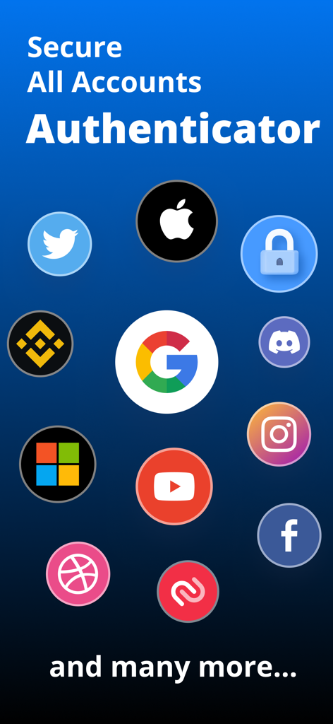 Tela do aplicativo Authenticator mostrando ícones de plataformas populares como Google, Apple e Facebook.