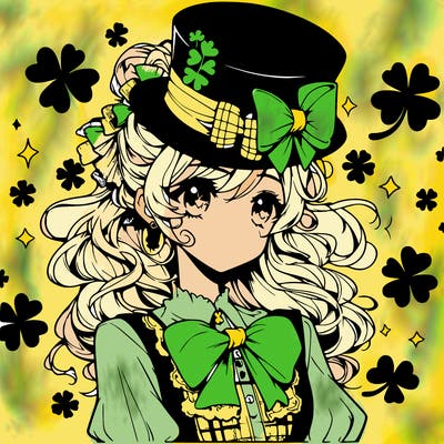 a manga-style girl with clovers around her, a little hat in her hair, like it's saint patrick's day