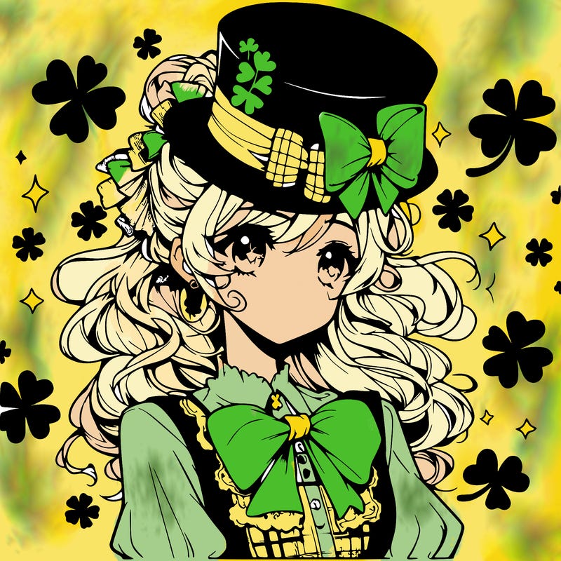 a manga-style girl with clovers around her, a little hat in her hair, like it's saint patrick's day