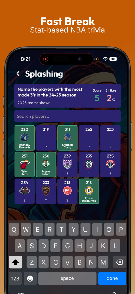 Blacktop Trivia - Blacktop Trivia app screenshot showing the Fast Break mode with stat-based NBA trivia questions