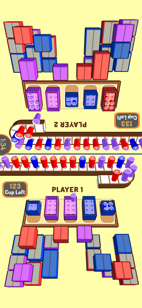 Offline 2 Player Games - A split-screen view of two players competing in a cup sorting game on a single device