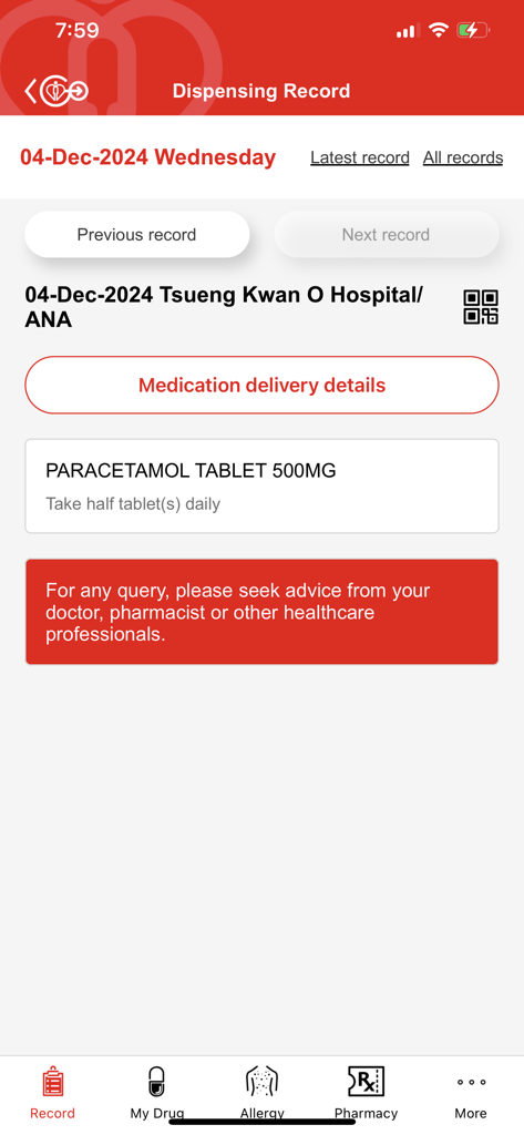 HA Go - Pantalla de registro de dispensación de la aplicación HA Go que muestra los detalles de la medicación para Paracetamol
