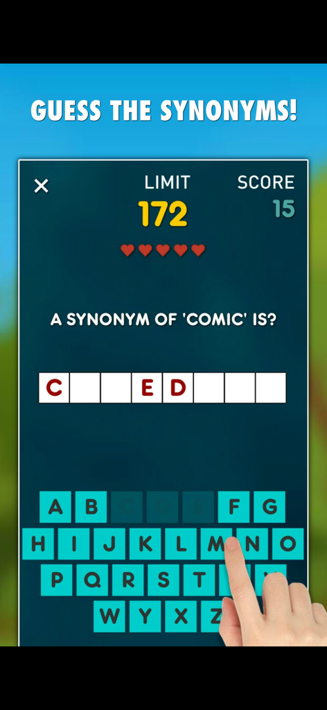 Ein Hangman-ähnlicher Ratespiel-Bildschirm aus der Synonyme-Spiel-App, der eine Vokabelherausforderung zeigt.