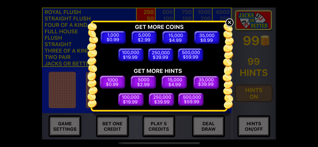 In-App-Kaufmenü für Münzen und Hinweise in der Video Poker Strategie App